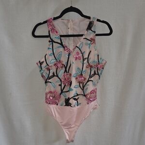Floral Embroidered Pink Sheer Bodysuit